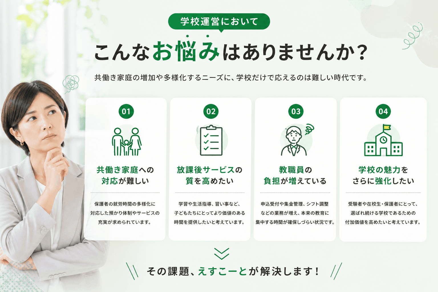 共働き家庭への対応、放課後サービスの質、教職員の負担、学校の魅力強化など、学校運営でよくある4つのお悩み